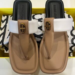 Marc Jacobs Tan & White Logo Thong Sandals with Gold Hardware